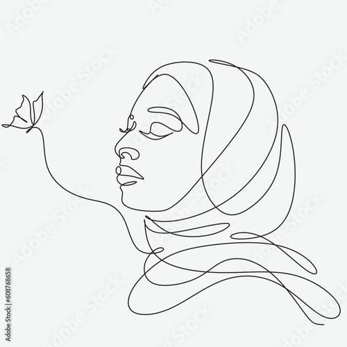 Beautiful women in hijab line art drawing