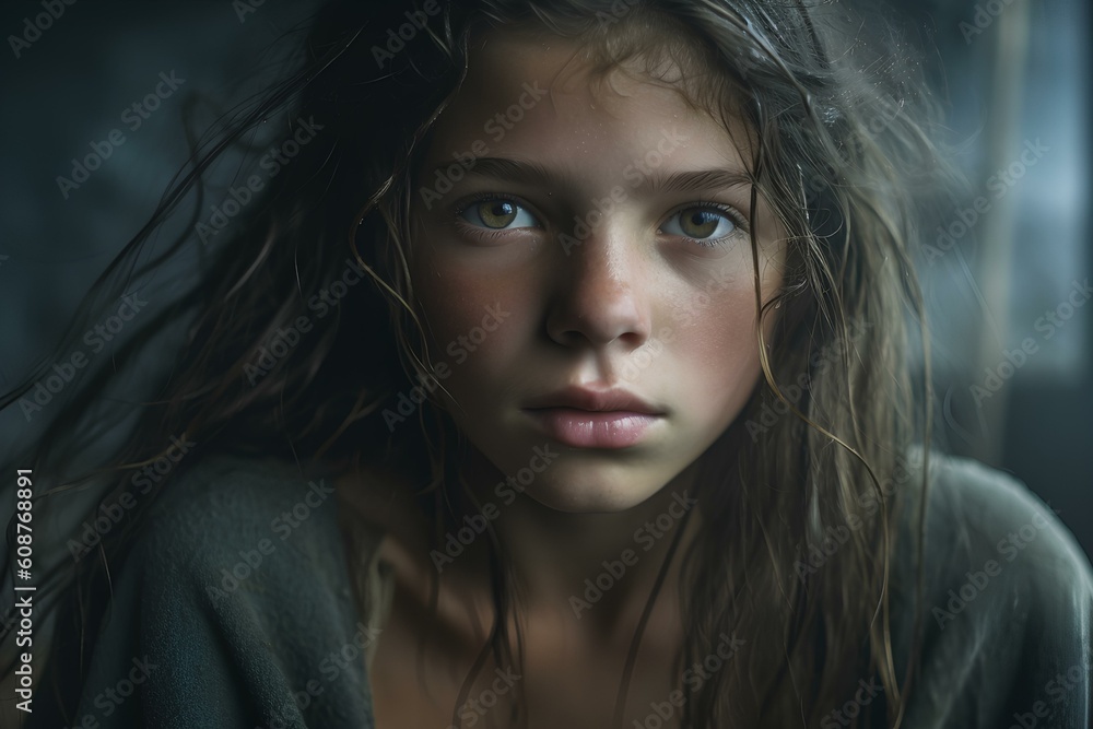 the girl's face stained with sweat, dust, and rain. generative AI Stock  Illustration | Adobe Stock