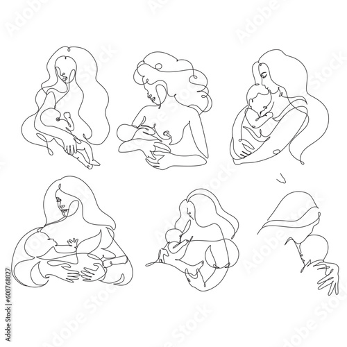 Minimalistic simple linear image of a mother holding a newborn baby. Line art draw Icon or logo. Postcard for congratulations on happy mothers day.