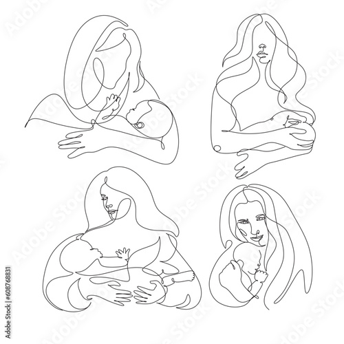 Minimalistic simple linear image of a mother holding a newborn baby. Line art draw Icon or logo. Postcard for congratulations on happy mothers day.