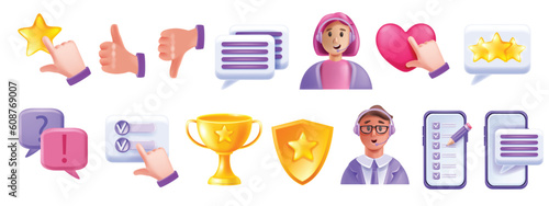 3D customer feedback icon set, vector happy client review sign kit, speech bubble online survey star. Business web rating clipart, communication consumer chat satisfaction like. Customer feedback sign