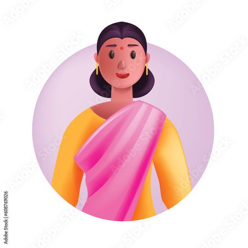 3D Indian woman avatar in sari, vector cartoon female character face, professional business lady. Happy smiling young person ethnicity portrait, pink saree clothes, round frame. Indian woman clipart