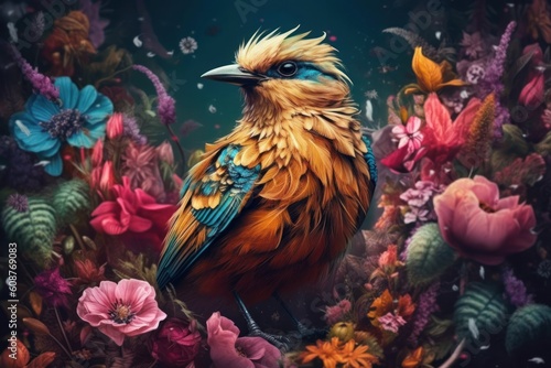 Bird living on flowers in a vibrant garden. Generative AI