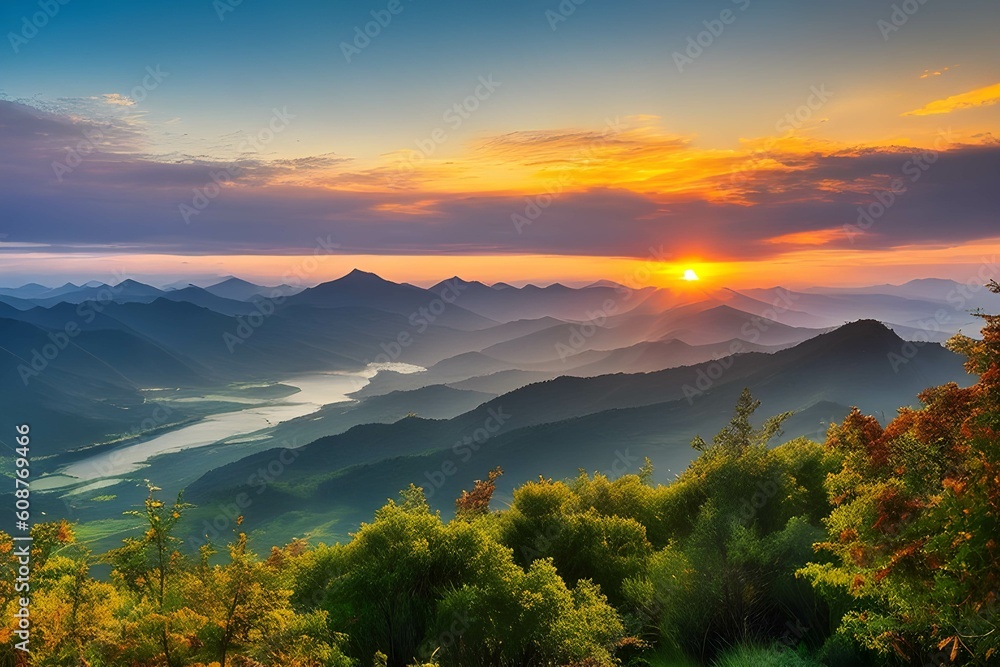 ドラマチックな夕日、朝焼け美しい自然の風景の山