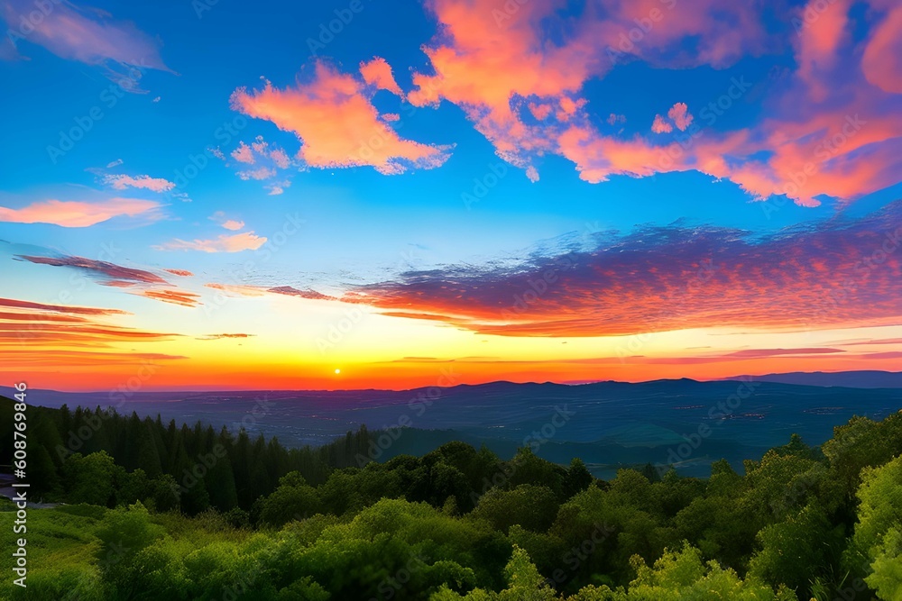 Fototapeta premium ドラマチックな夕日、朝焼け美しい自然の風景の山
