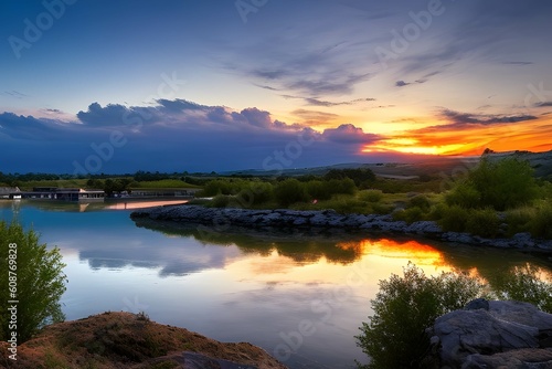ドラマチックな夕日、朝焼け美しい自然の風景の湖