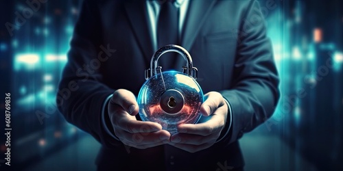 a business person holding a lock, representing financial data protection, Cyber security-themed, horizontal format, encryption, photorealistic in a JPG. 18:9 ratio aspect. Generative AI