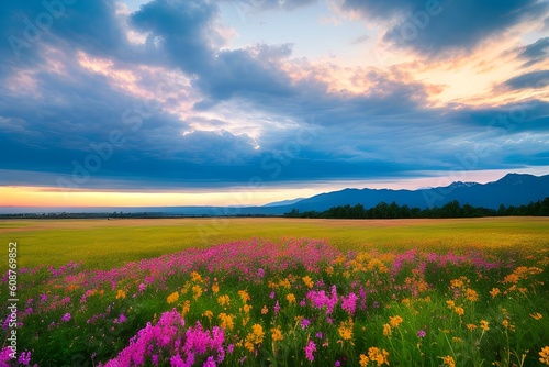 ドラマチックな夕日、朝焼け美しい自然の風景の花畑