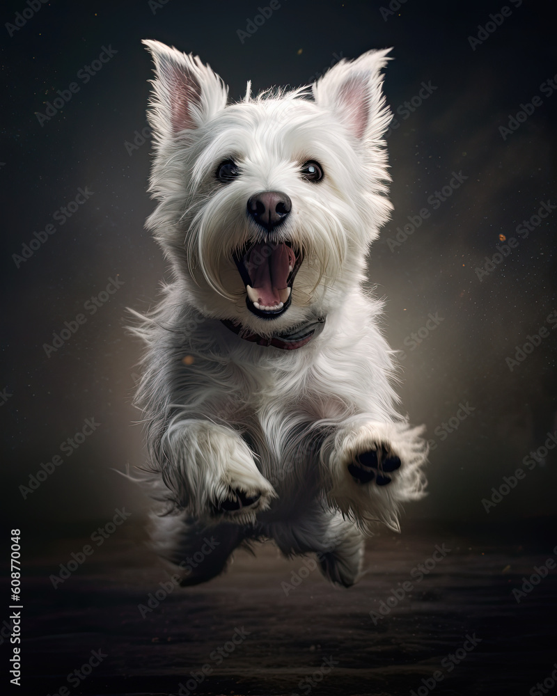 lindo perrito blanco, ,westin highland terrier, saltando sobre fondo negro. Ilustracion de IA generativa