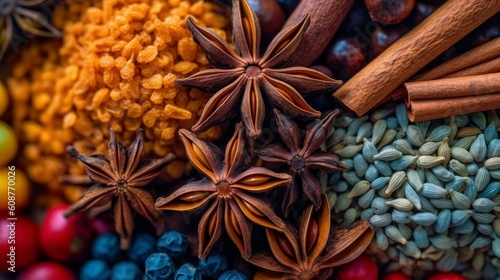 star anise surrounded by various spices in a colorful pattern