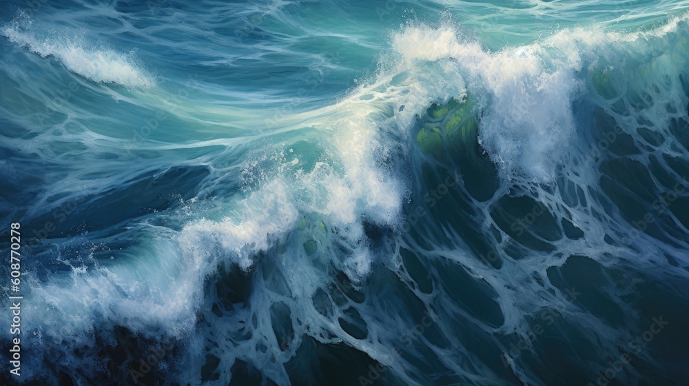a birds-eye view of a dramatic ocean wave, horizontal abstract waves, crashing and swirling, aqua water waves,  Abstrac-themed, drone aerial, photorealistic illustrations in JPG.Generative AI