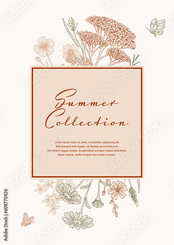Summer vertical design with wildflowers. Hand drawn vector illustration in sketch style. Social media stories template. Meadow flowers poster. Wedding invitation