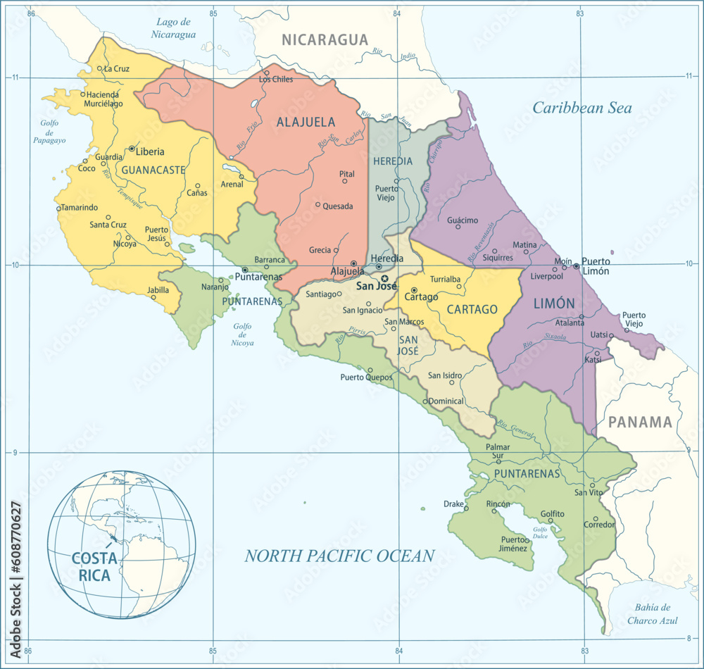 Costa Rica map - highly detailed vector illustration