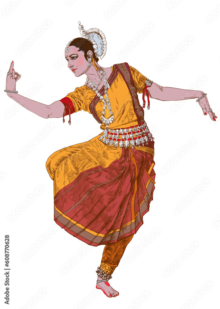 Illustration with Indian dancers.Colorful picture with traditional clothes. Traditional Asian costume elements on a light background.