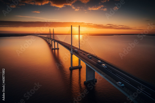 Oresundsbron bridge, gracefully connecting Denmark and Sweden. Marvel at the architectural marvel of Oresundsbron, as it reveals its magnificent beauty from above. Generative AI. photo