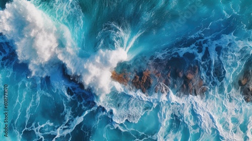 a birds-eye view of Ocean waves raging, storm, horizontal format for a Seascape-themed, photorealistic illustrations in JPG. Generative AI