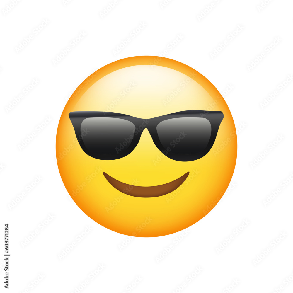 Smiling Face With Sunglasses Emoji isolated on white background. Iphone Whatsapp Emojis. Simple, vector, printed on paper. icon for website design, mobile app, and UI. Vector Illustration Smiling Face With Sunglasses Emoji isolated on white background. Iphone Whatsapp Emojis. Simple, vector, printed on paper. icon for website design, mobile app, and UI. Vector Illustration