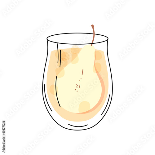 Pear vanilla gin fizz. Summer cocktail isolated on white background. Alcoholic drink with ice cubes and pear. Cocktail for menu, bar. Flat vector illustration