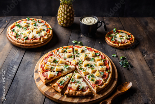 Pizza on wooden table with black background. 3 size pizza. Generative AI.