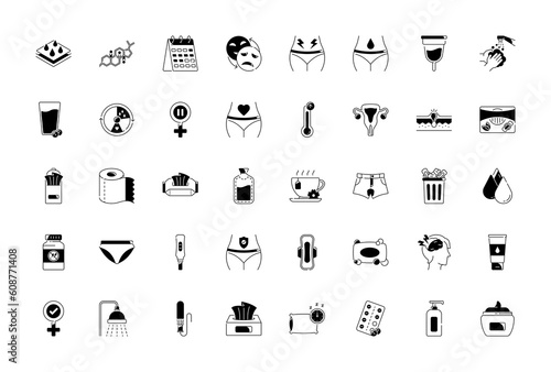 Menstruation icons set. Monthly menstrual cycle, thin design symbols collection. Tracking of the menstrual cycle, isolated vector. Hygiene products

