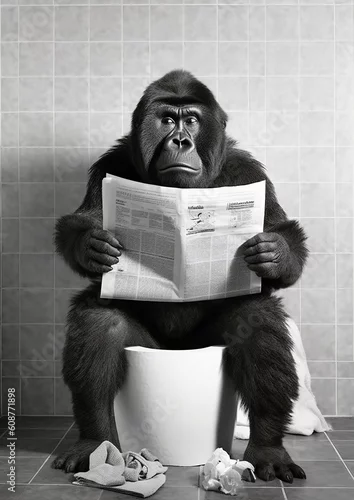 Obraz Gorilla sit on the toilet, monkey sitting on the potty, restroom humor, black and white