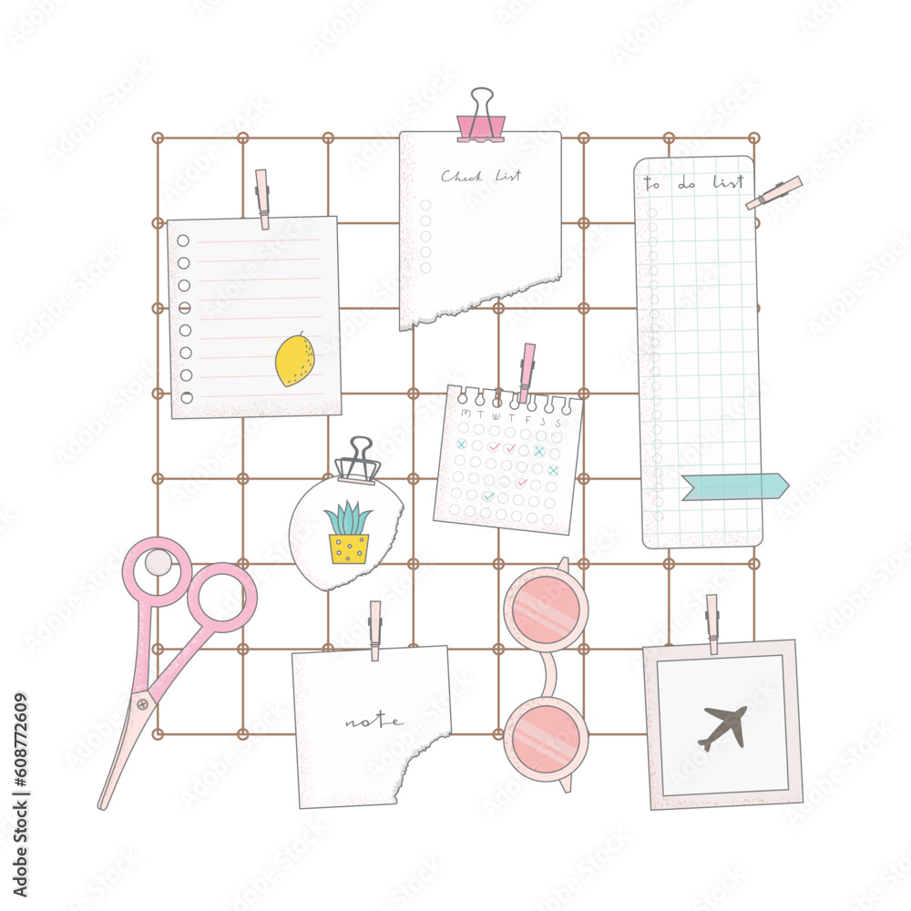 Flat vector illustration with scissors, cute paper notes, glasses, clip, card, photo. Metal grid wall mood board inspiration Flat vector illustration with scissors, cute paper notes, glasses, clip, card, photo. Metal grid wall mood board inspiration