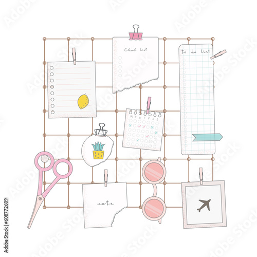 Flat vector illustration with scissors, cute paper notes, glasses, clip, card, photo. Metal grid wall mood board inspiration