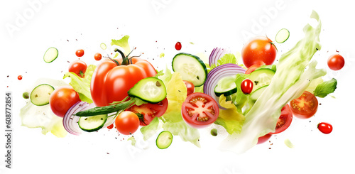 Sliced of fresh vegetables flying on white background. Ripe food