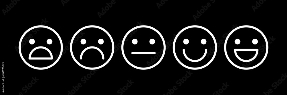 Fototapeta premium Happy, laughing, neutral, sad, upset, unhappy, shocked smile icon. Customer feedback vector emoticon set. White line negative, positive face icons on black background.