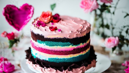Watercolor Pink Valentines Day Cake. Cake Logo Design. Birthday Cake Illustration. Wedding Cake. Sweets Clipart. Bakery Menu. Generative AI
