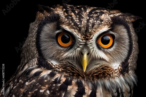 Close-Up of a Great Spotted Owl on a Black Background. Generative AI