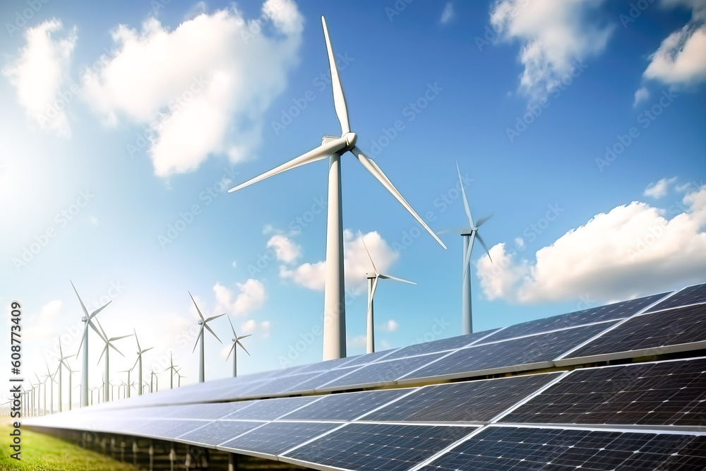 Renewable energy background with green energy as wind turbines and solar panels. Generative Ai