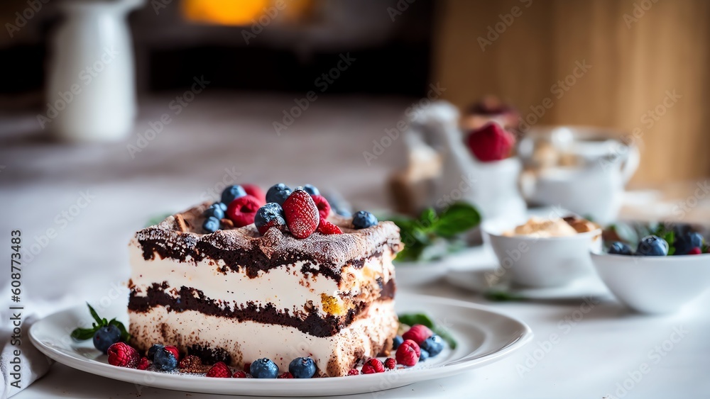 Delicious Tiramisu Arranged On A Board Of White Wood. Generative AI Delicious Tiramisu Arranged On A Board Of White Wood. Generative AI