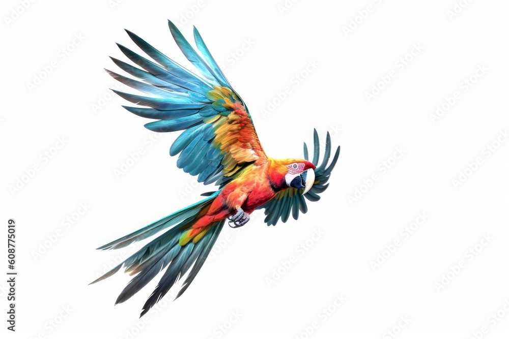Fototapeta premium Colorful Flying Parrot Isolated on White background. Generative AI
