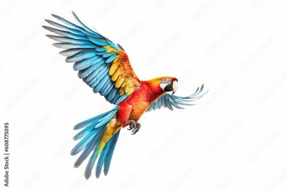 Colorful Flying Parrot Isolated on White background. Generative AI