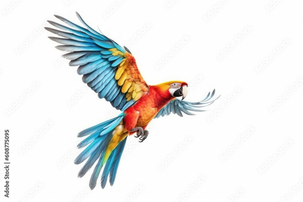 Fototapeta premium Colorful Flying Parrot Isolated on White background. Generative AI