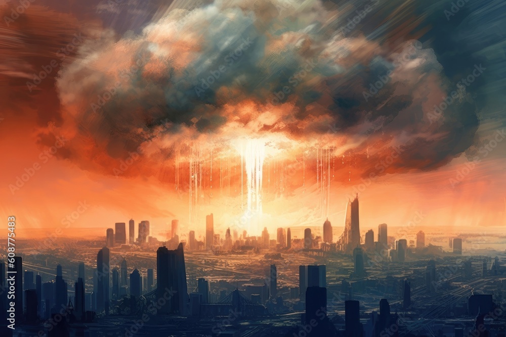 Fototapeta premium 'City engulfed in mushroom cloud from nuclear bomb.' (Illustration, Generative AI)
