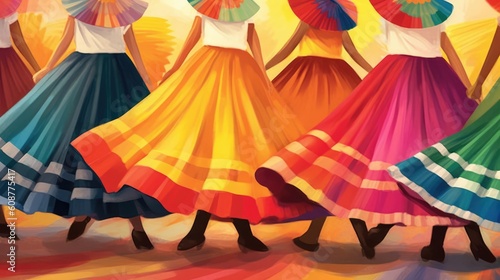 During traditional Mexican dancing, skirts fly in colorful patterns. (Illustration, Generative AI)