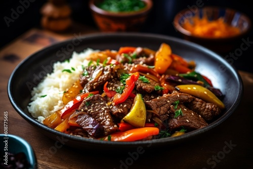 beef stir-fry with colorful vegetables and rice on a plate photo