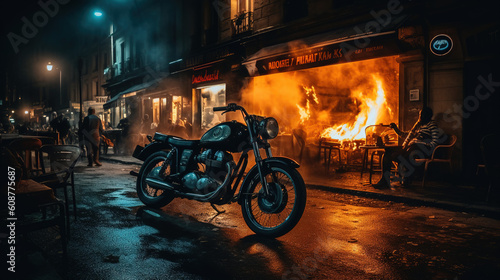 Burning Cafe in Paris with motorcycle