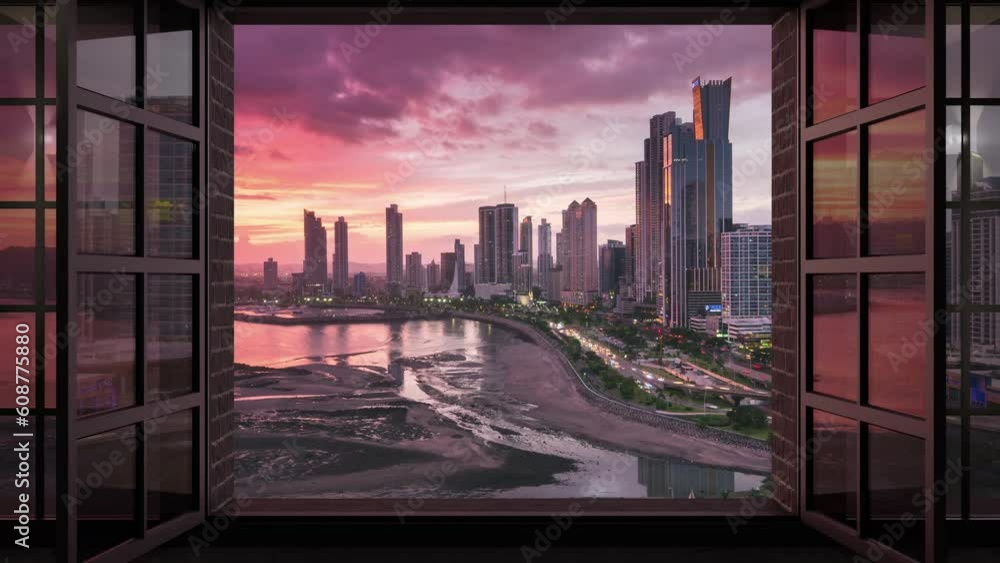 panama skyline timelapse day to night window open over modern business city at sunset panama skyline timelapse day to night window open over modern business city at sunset