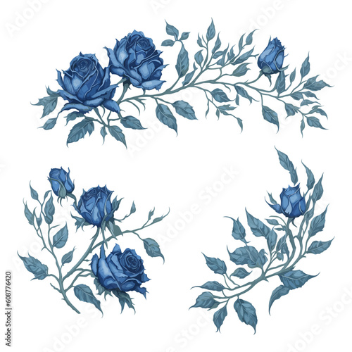 Blue Rose Watercolor Floral Arrangement Set for Wedding Invitation Ornament