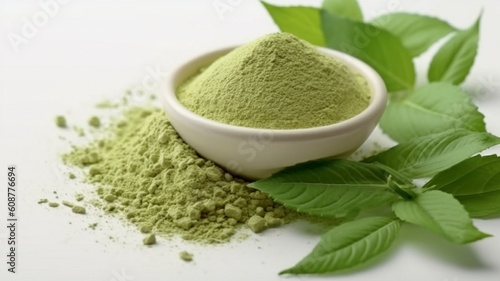 Green tea leaf and powder on a white background.  GENERATE AI