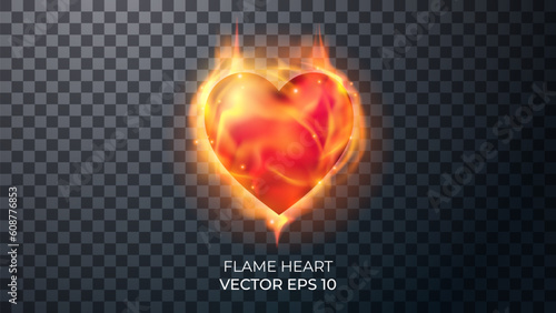 Heart on fire realistic 3d render. realistic fire, flames. Ethereal lightning substance sign and strange flame spark. Decor elements for magic doctor, shaman, medium. Transparent background.