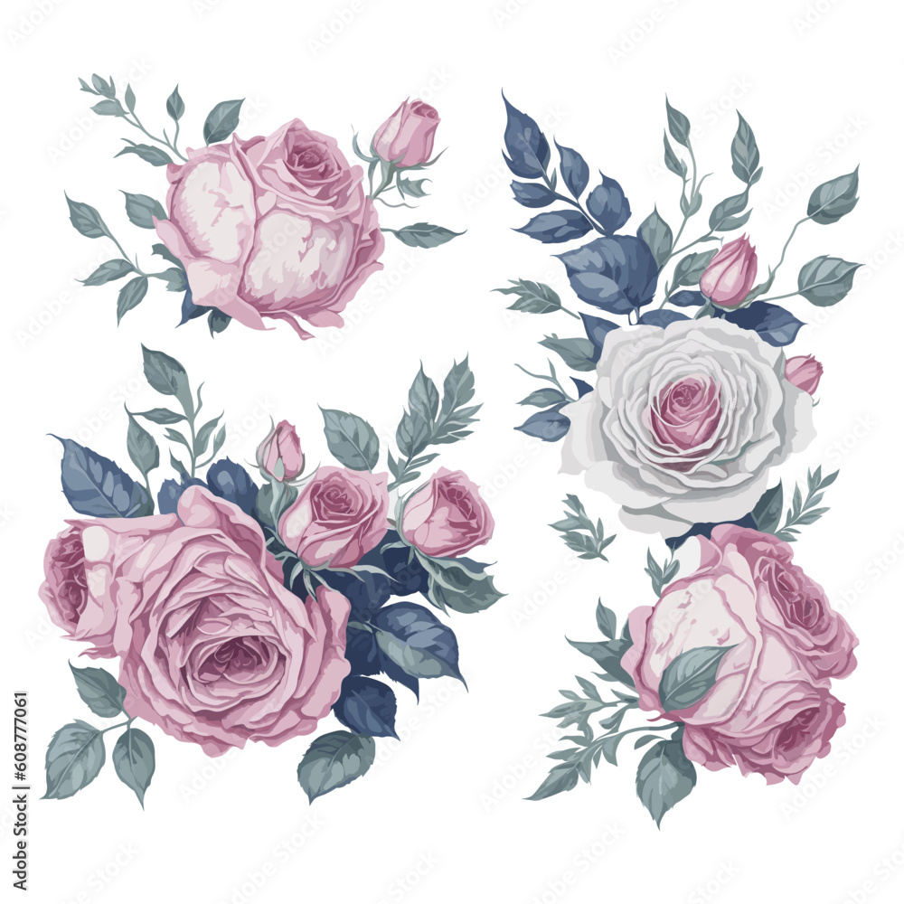 Set of Pink and White Rose Watercolor Floral Arrangement Illustrations