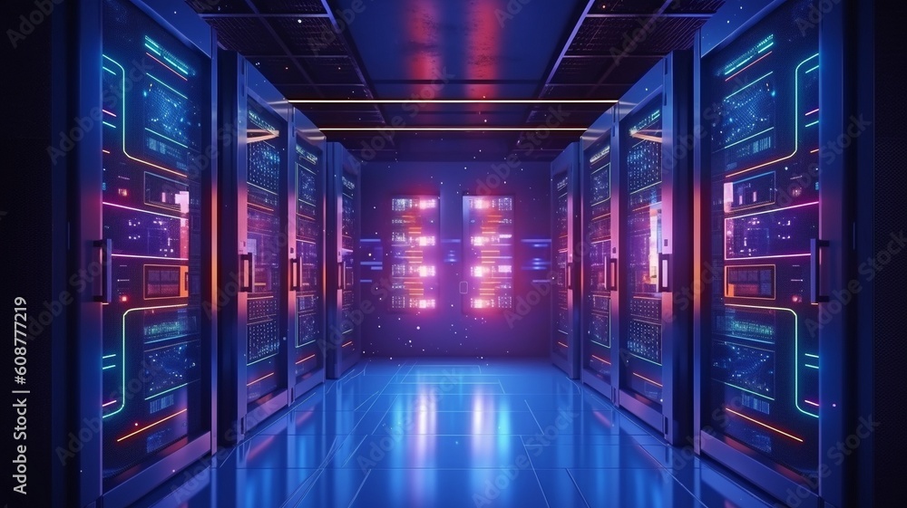 Fototapeta premium 3D rendering of a server room featuring a data design element for node-based programming. GENERATE AI