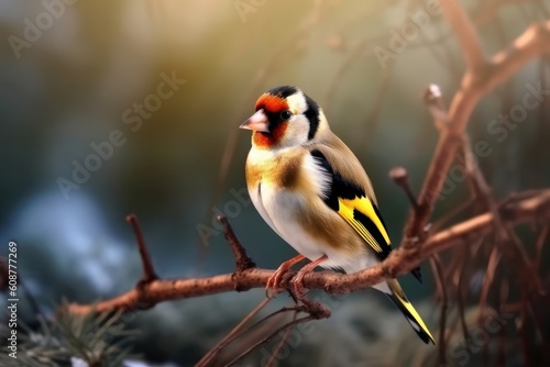 Cute male Goldfinch Lugano bird with yellow plumage. Generative AI