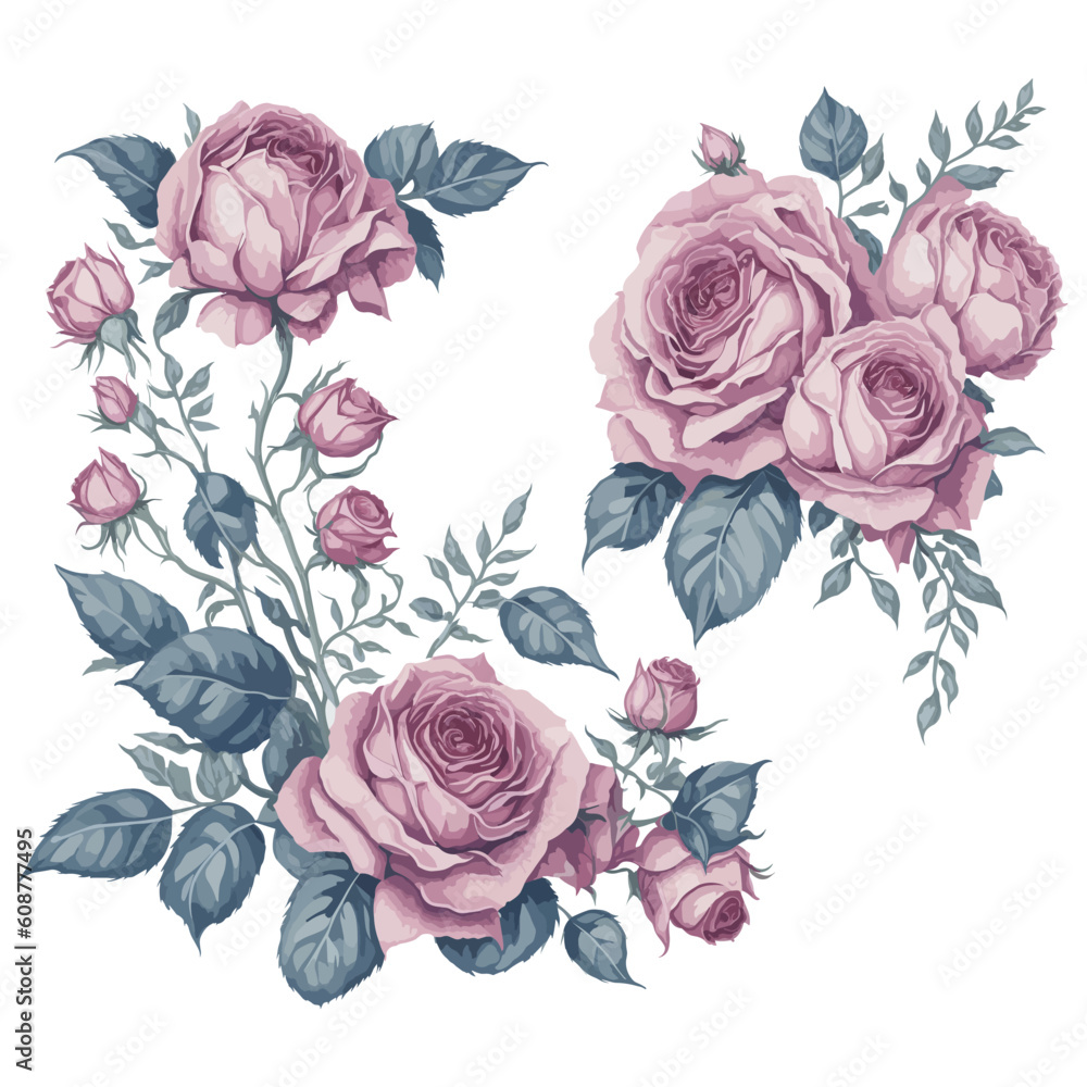 Exquisite Pink Rose Watercolor Floral Arrangement Set