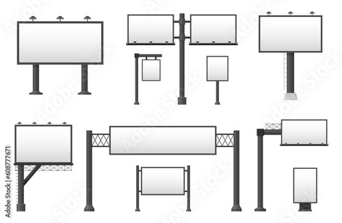 Billboard blank set. Empty billboard isolated on white background. City outdoor blank banner large format for advertise media. Outdoor advertising poster template. Empty bill board for ad media