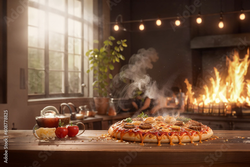 Pizza on wooden table with fire background. Hot pizza near windows. Generative AI